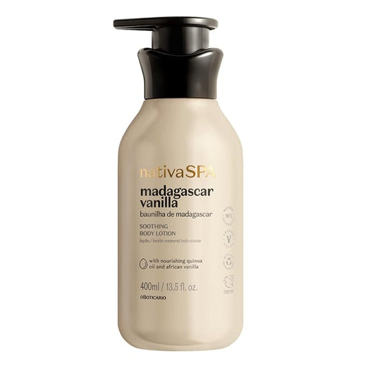 Nativa SPA by O Boticário, Madagascar Vanilla Moisturizing Body Lotion, Fragranced Skin Moisturizer with Purified Quinoa Drops, 13.5 Ounce