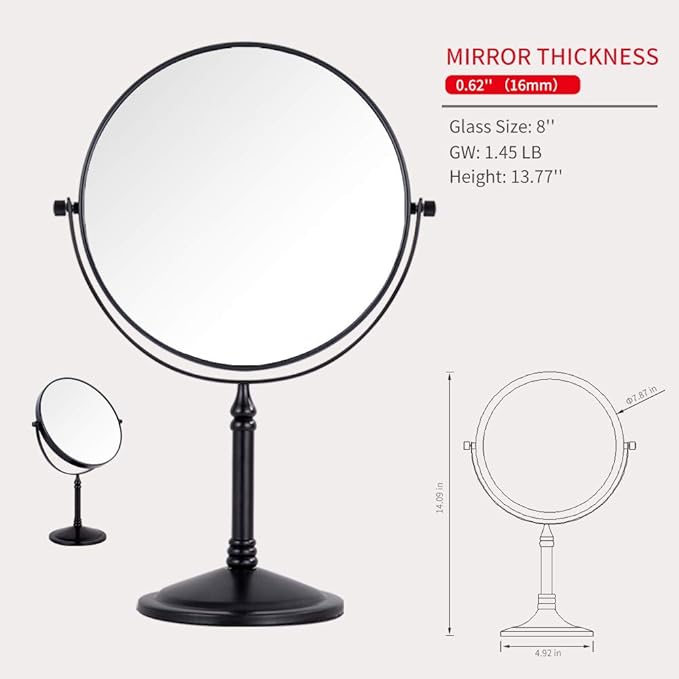 Black Makeup Mirror 1X/10X Free Standing 8 Inches 360 Swivel Dual-Sided Tabletop Makeup Mirror, Metal