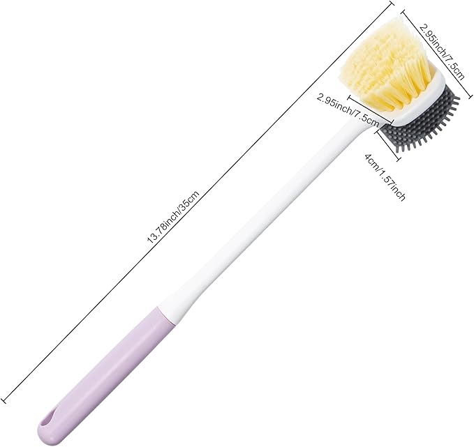 Foot Scrubber Toe Cleaning Brush, 2 Pack Shower Foot Scrubber with Long Handle, Double-Sided Silicone and Soft Bristle Brush for Skin Exfoliation, Seniors, Adults, Purple