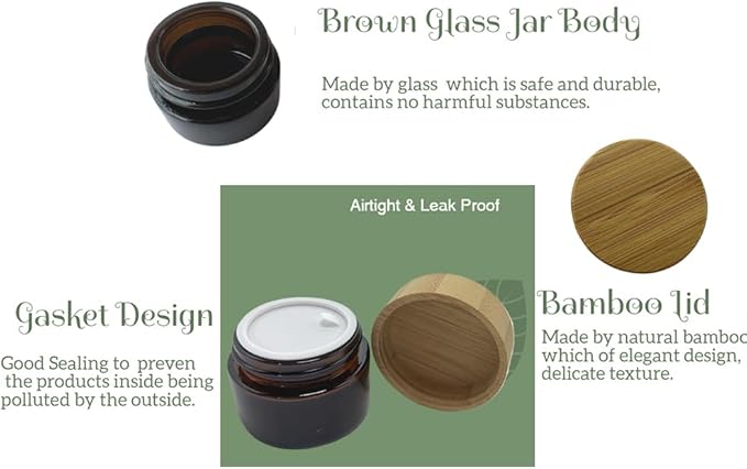 Empty Refillable Frosted Glass Cosmetic Cream Jar 4 Pack 1 OZ/30g with Bamboo Lids,Skin Care Travel Containers Pot for Clay Masks,Butter,Body Scrub,Lip Balm, Ointments, Lotion Brown