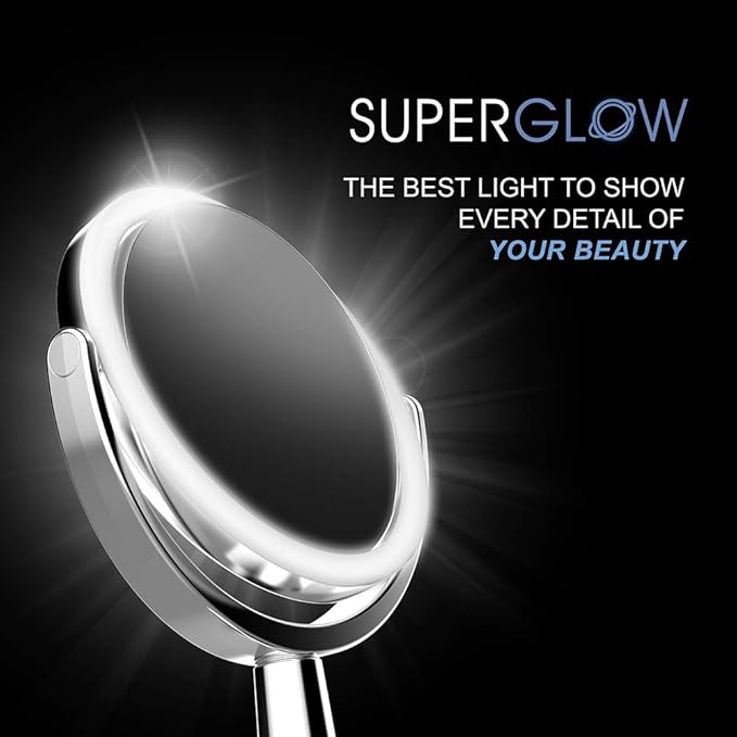 SuperGlow 9" Round Shaped Dual-sided Lighted Makeup Mirror, 1X/5X Magnifying Vanity Mirror, Brightness 1000Lux, 360 Degree Rotating Adjustable Brightness Mirror, Brushed Nickel Finish