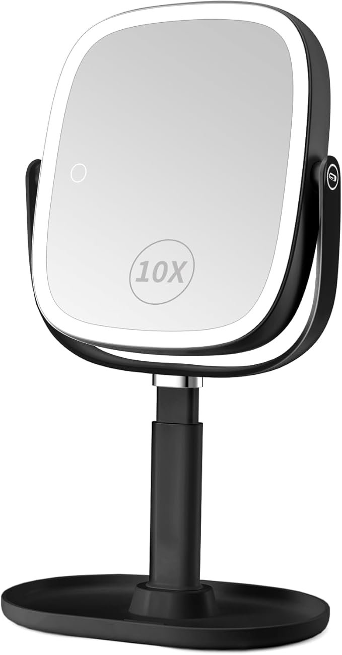 Lighted Makeup Mirror, 2600mAh Rechargeable 1x/10x Magnifying Vanity Mirror, 8.5" Height Adjustable Makeup Mirror with Lights 3 Color, 360° Rotation 2-Sided Light up Large Desk Mirror - Black