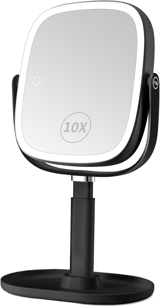 Lighted Makeup Mirror, 2600mAh Rechargeable 1x/10x Magnifying Vanity Mirror, 8.5" Height Adjustable Makeup Mirror with Lights 3 Color, 360° Rotation 2-Sided Light up Large Desk Mirror - Black