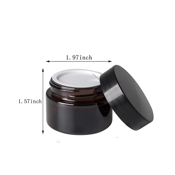 OverNews 4pcs 1oz Amber Glass Jar, Empty Cosmetic Lotion Containers,with Inner Liners,Black Lid, Spatula