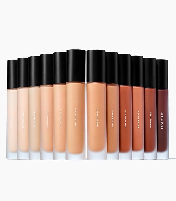 MAKE Beauty Diffusion Dew Skin Tint. Sheer to Medium Coverage Radiant Finish. Blurring, Smoothing, and Brightening for Glowing Complexion. Enhanced with Niacinamide and Adenosine. Caramel 08