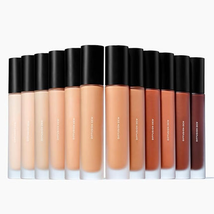 MAKE Beauty Diffusion Dew Skin Tint. Sheer to Medium Coverage Radiant Finish. Blurring, Smoothing, and Brightening for Glowing Complexion. Enhanced with Niacinamide and Adenosine. Rich Cocoa 18