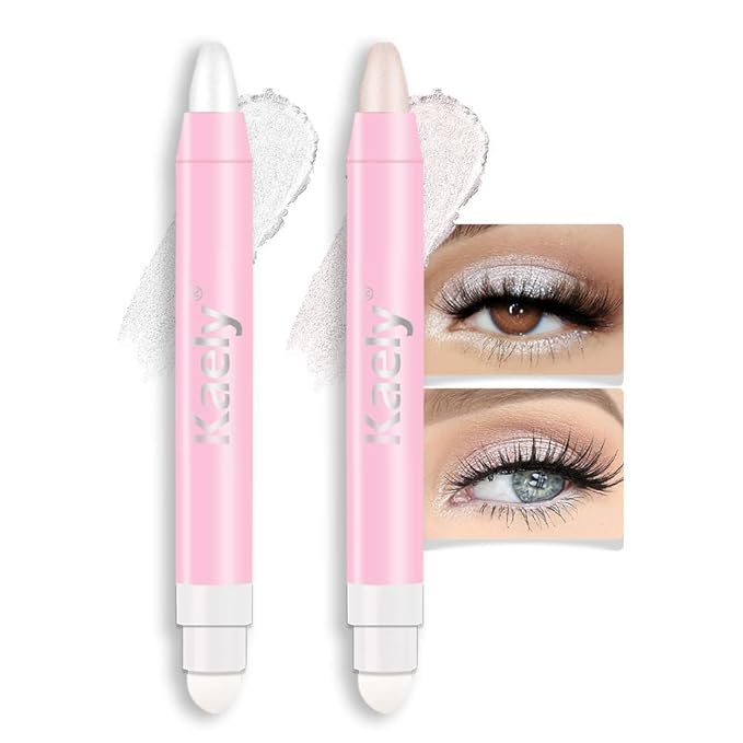 evpct 2Pcs Cream Eye Shadow Brightener Sticks Set for Eyes Waterproof, Pearl White & Pearl Shimmer Cream Eyeshadow Applicator Stick Long Lasting Pigmented Eye Makeup sombras en crema para ojos 1+18