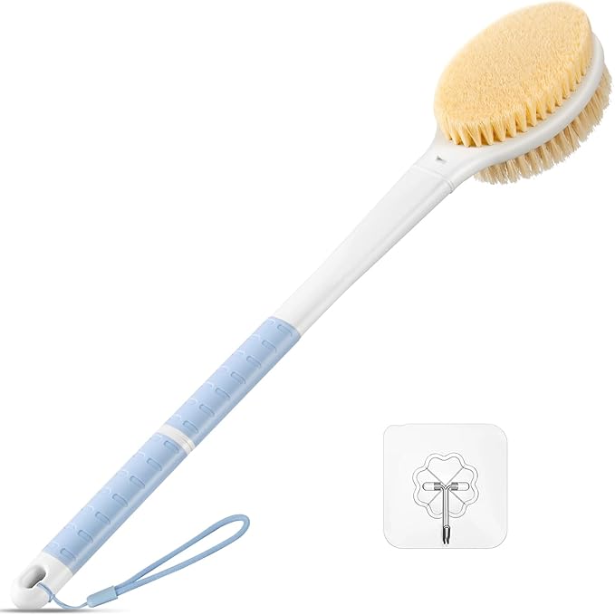 Back Scrubber Body Shower Brush: Anti Slip Long Handle Bath Brush with Stiff and Soft Bristles - Showering Exfoliator Wet or Dry Brushing for Women, Men, Elderly (Blue)