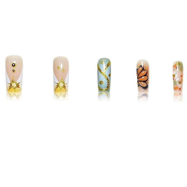 RUOKEXIN Long Square Press on Nails French Tip Fake Nails Gold Glitter False Nails with 3D Butterfly Designs Long Glue on Nails Sparkly Artificial Nails Cute Stick on Nails for Women 24Pcs