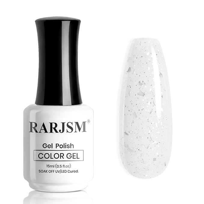 RARJSM Snow Glitter Gel Nail Polish Shiny Diamond Sparkly Chunky Jelly Milky White Silver Shimmer Pigments Opal Gelpolish Soak off Led UV Curing Required for Nail Art Salon Manicure
