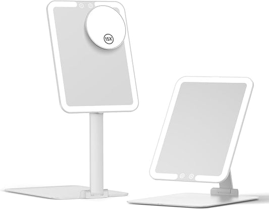 Benbilry Travel Makeup Mirror with Light, 15X Magnifying Mirror & 3 Color Modes, 1800mAh Rechargeable, Adjustable Height/Angle Stand, Foldable LED Vanity Mirror for Tabletop (White)