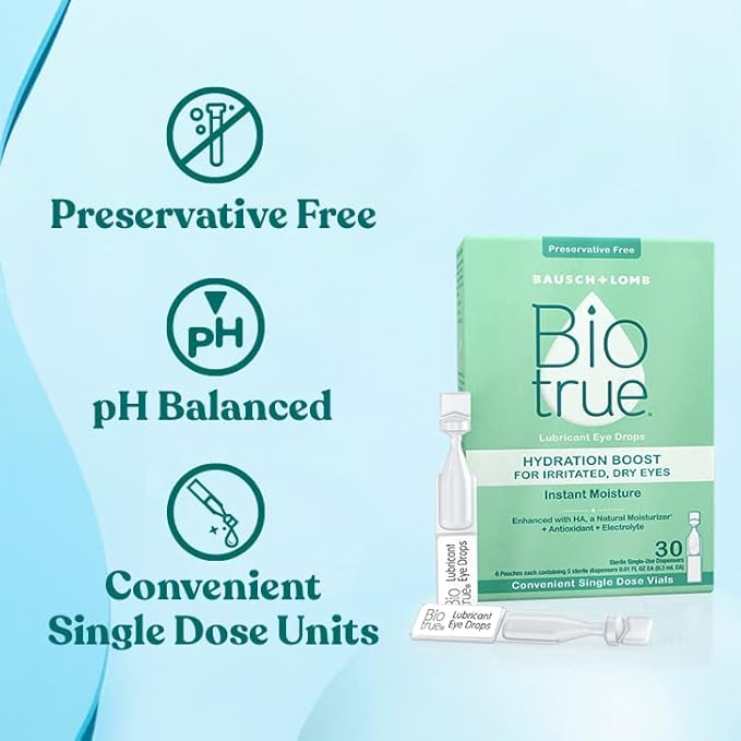 Biotrue Hydration Boost Eye Drops for Irritated, Dry Eyes in Single Dose Vials from Bausch + Lomb, Instant Moisture, Preservative Free, pH Balanced, Naturally Inspired, Pack of 30