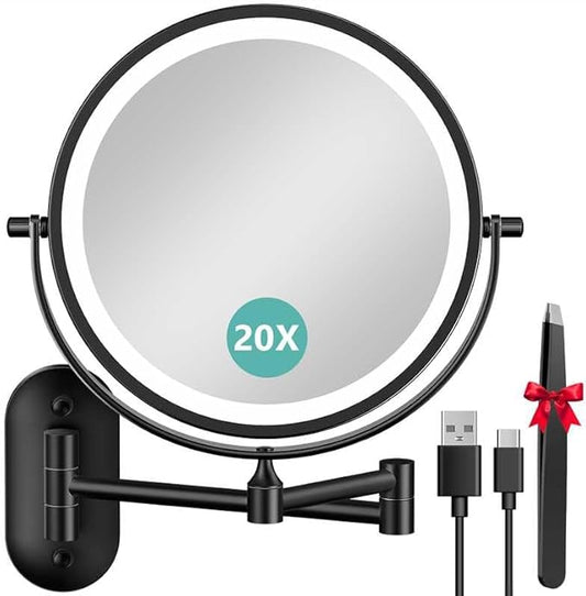 1X/20X Wall Mounted Makeup Mirror with Light, 8" Rechargeable Double-Sided Magnifying Mirror, Vanity Mirror Dimmable 3 Color Light, 360° Extension Rotation Foldable 14.5 Inch Arm for Bathroom