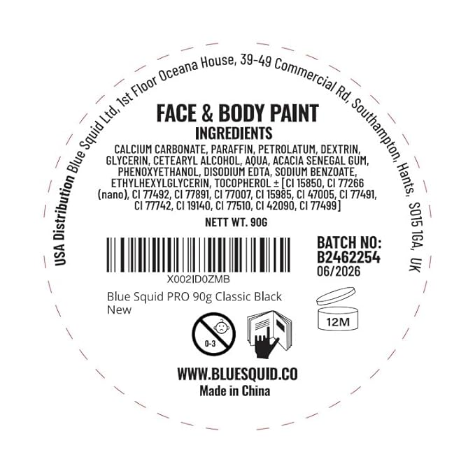 Blue Squid PRO Face Paint - Professional Water Based Single Cake Facepaint & Body Paints - SFX Makeup, Kids Adults Face Painting for Costume, Halloween, Cosplay - Classic Black 90g / 3oz