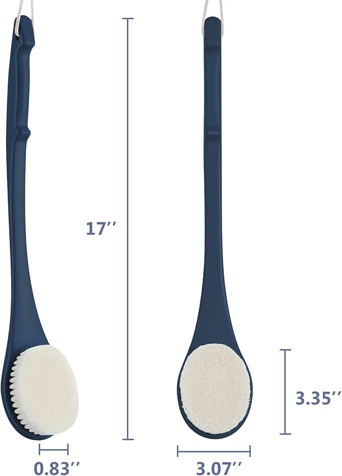 Body Back Scrubber – 17'' Long Handle Shower Brush, Durable Exfoliator for Dry & Wet Use, Deep Cleansing & Gentle Exfoliation for Smooth Skin – for Men, Women & Elderly (Navy Blue)