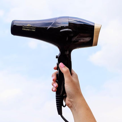 Olivia Garden 1875W Ceramic + Ion Professional Hair Dryer for Men and Women - Fast Drying Blow Dryer - Powerful Ionic Generator - 3 Heat Settings - with 2 Nozzles and Storage Bag - (Black/Gold)
