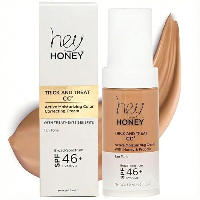 Hey Honey Trick and Treat CC² Cream SPF 46 | Active Moisturizing Color Correcting Cream with Honey & Propolis | Best Cover For Rosacea, Skin Redness & Mature Skin | 1 oz (Tan Tone)