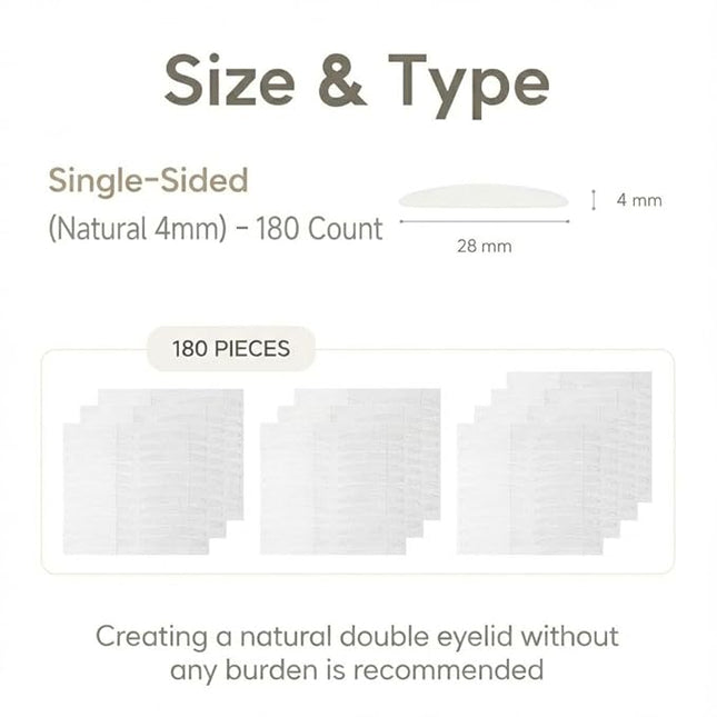 Magic Slim Double Eyelid Tape – Invisible Adhesive Strips for Hooded Monolid Correction – Authentic K-Beauty Tech Made in Korea (Single-Sided (Natural 4mm) - 180 Count)
