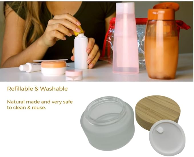 Empty Refillable Frosted Glass Cosmetic Cream Jar 4 Pack 1.6 OZ/50g with Bamboo Lids,Skin Care Travel Containers Pot for Clay Masks,Butter,Body Scrub,Lip Balm, Ointments, Lotion Frost