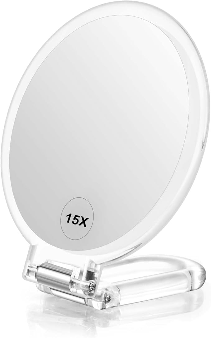 LFOYOU Magnifying Handheld Mirror Double Sided, 1X 15X Magnification Hand Mirror, Travel Folding Held Adjustable Rotation Pedestal Makeup Desk Vanity Mirror