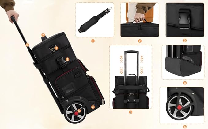 Large Makeup Train Case with a Large Makeup Travel Case for Hairstylist, Hairdresser Bag with Detachable Pouch,Heat Insulation and Anti-scalding for Hairdressing Tool Organizer 2 in 1, Big wheels