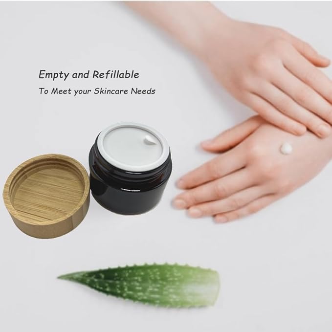 Empty Refillable Frosted Glass Cosmetic Cream Jar 4 Pack 1 OZ/30g with Bamboo Lids,Skin Care Travel Containers Pot for Clay Masks,Butter,Body Scrub,Lip Balm, Ointments, Lotion Brown