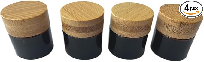Empty Refillable Glass Cosmetic Jar 4 Pack 10g/0.33oz with Bamboo Lids,Skin Care Travel Containers Pot Vial Holder Sample Storage for Eye Cream Lotion Ointments Lip Balm Brown