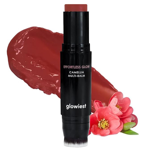 glowiest EFFORTLESS GLOW CAMELLIA MULTI-BALM (Sun-Kissed Berry, One size) - Korean Multi-Balm for Lips & Cheeks, Camellia Oil Glow Stick with Brush, Natural Dewy Look, Easy On-the-Go Makeup