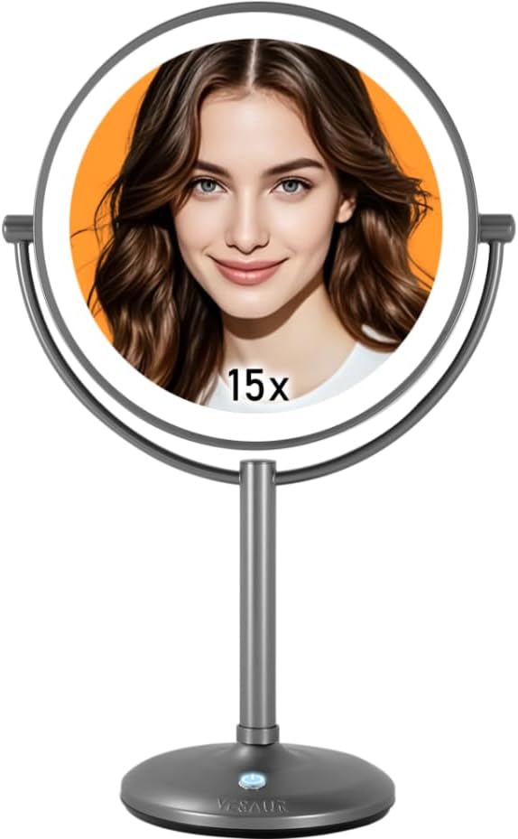 VESAUR 9" 1X15X Lighted Makeup Mirror, 5000mAh Rechargeable 2-Sided Magnifying Mirror with 3 Dimmable Lights, 360° Rotation Vanity Mirror, Tabletop Detachable Travel Mirror, Black Nickel with Gift Box