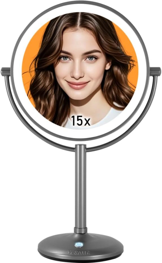 VESAUR 9" 1X15X Lighted Makeup Mirror, 5000mAh Rechargeable 2-Sided Magnifying Mirror with 3 Dimmable Lights, 360° Rotation Vanity Mirror, Tabletop Detachable Travel Mirror, Black Nickel with Gift Box