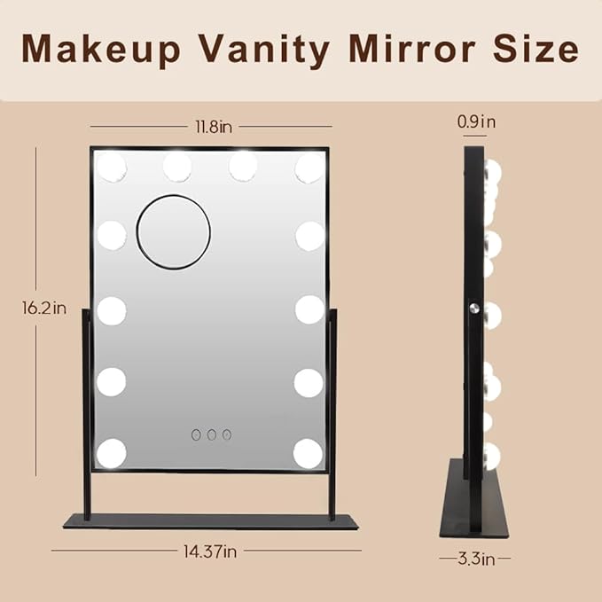 Hansong Black Vanity Mirror Makeup Mirror with Lights 12 Dimmable LED Bulbs Lighted Makeup Mirror Touch Screen Control 10X Magnification