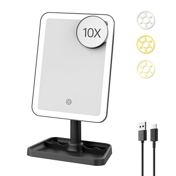 FUNTOUCH Rechargeable Lighted Mirrors for Makeup, 2000mAh, 10X Magnification/3 Color Lighting Portable Tabletop Cosmetic Make Up Mirror, 360° Rotation Led Light up Mirrors with Storage