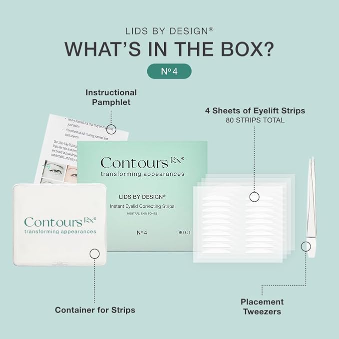 Contours Rx Lids by Design – 4mm Invisible Eyelid Lift Strips for Slight Hooded, Droopy & Heavy Lids – Medical-Grade, Non-Surgical Eye Lift Tape – 80 Count