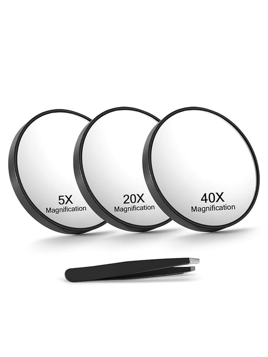 5X/20X/40X Magnifying Mirror with Suction Cups and Tweezers Set, 3.5 inches Travel Magnified Makeup Mirror, Black, 3PCS