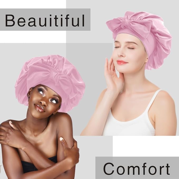 Silk Bonnet for Sleeping Women, Ajustable Hair Bonnet for Curly Hair with Tie Band Shower Caps Pink，Large
