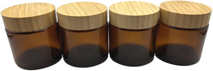 Empty Refillable Brown Glass Cosmetic Cream Jar 4 Pack 3.3 OZ/100g with Bamboo Lids,Skin Care Travel Containers Pot for Clay Masks,Butter,Body Scrub,Lip Balm, Ointments, Lotion