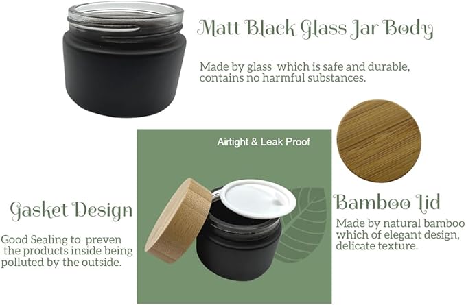 Empty Refillable Matt Black Glass Cosmetic Cream Jar 4 Pack 1.6 OZ/50g with Bamboo Lids,Skin Care Travel Frost Containers Pot for Clay Masks,Butter,Body Scrub,Lip Balm, Ointments, Lotion