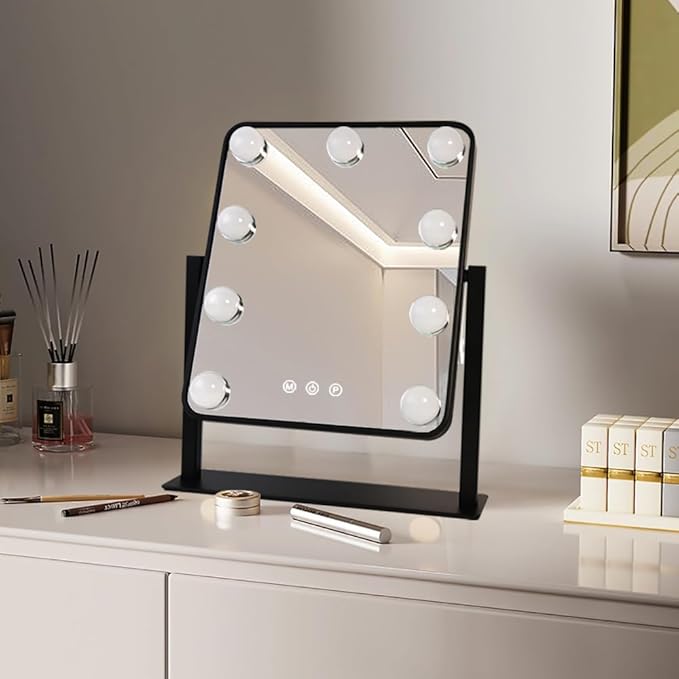 Lighted Vanity Mirror with Lights, 14.2"L x 12"W, Black, Tabletop Mount, Modern Style, Dimmable, Touch Control, Color Changing, Perfect for Bedroom & Dressing Room