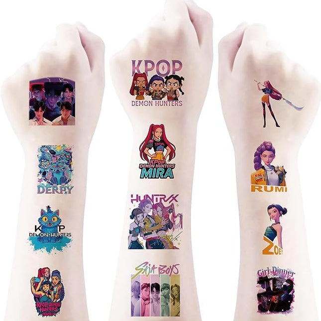 50Pcs Sheets Kpop Demon Temporary Tattoos for Kids, Cartoon Kpop Hunters Birthday Party Favors Gifts for Girl Boys Home Activity Class Prizes Carnival Christmas Rewards