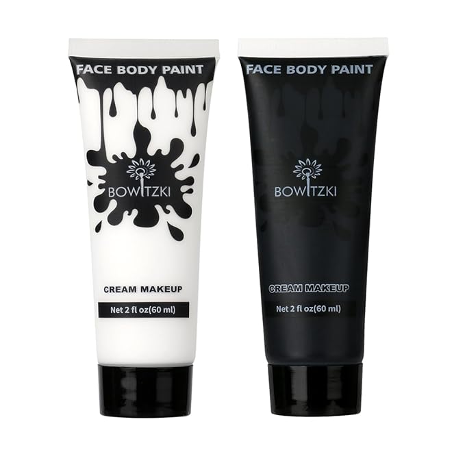 Bowitzki Face and Body Paint 2oz Cream Makeup 60ml Water Based Face Painting Special Effects For Adults Children Kids Halloween Christmas Party Stage Cosplay (Black+White)