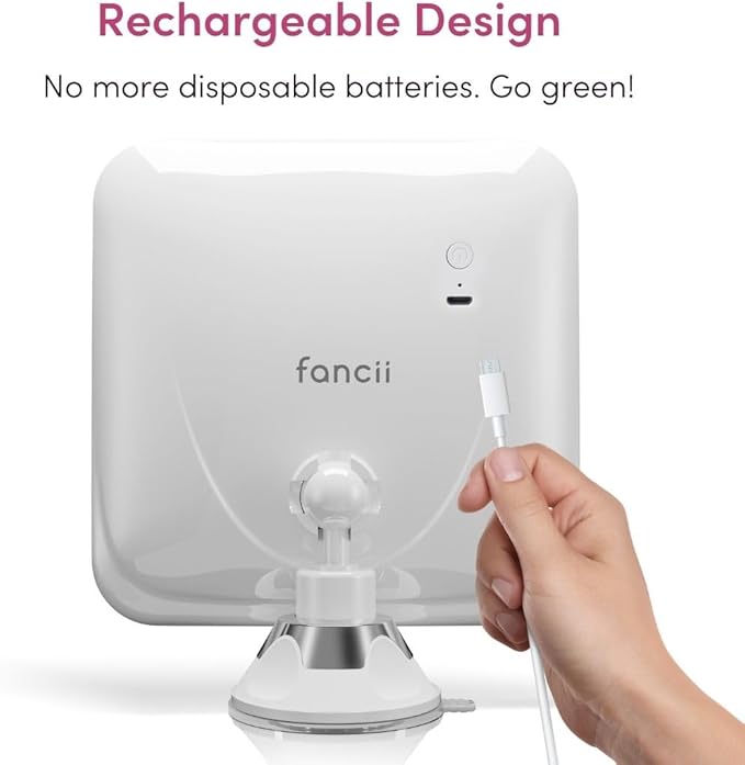 Fancii Rechargeable 10x Magnifying Mirror with 3 LED Light Settings, Dimmable Touch Light, Cordless, Locking Suction Mount, Lighted Mirror for Bathroom or Travel, Mira 2 (White)