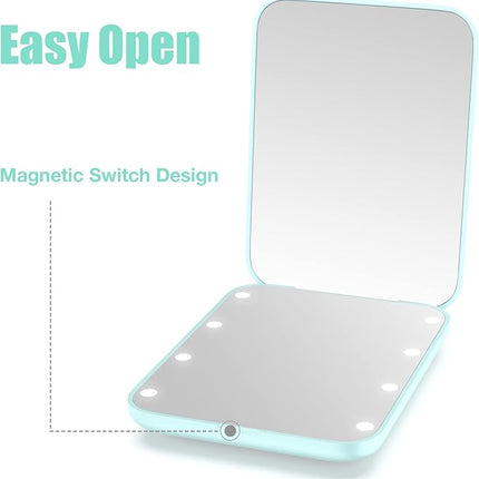 WOBSION Small Mirror with Lights,LED Compact Makeup Mirror,1x/3x Mini Travel Mirror with Magnification,Portable for Purse,Pocket,Gifts for Girls,Cyan