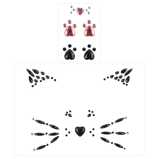 Crystal Cat Face Jewels with Pink Cat Print Gems - Face Jewels for Women & Kids - Cat Whiskers Costume Accessory