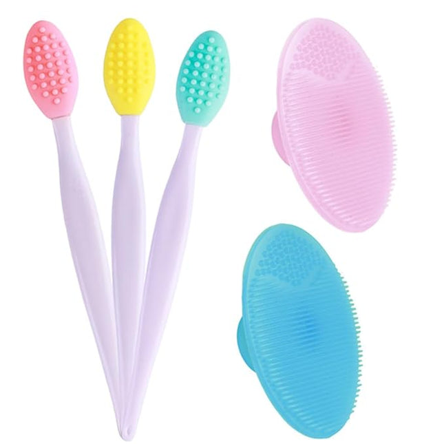 3 Pcs Lip Scrub Brush with Silicone Facial Cleansing Brush,2 Pcs Face Scrubber Gentle Exfoliating,Removing Blackhead,Massaging