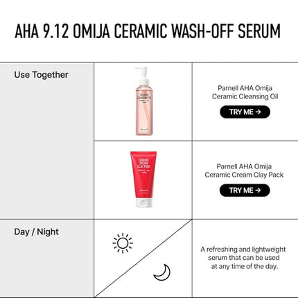 Parnell AHA 9.12% Omija Ceramic Wash-Off Serum | 1-Minute Face Exfoliation for Sebum Control & Smooth Texture | PHA BHA LHA Vitamin C K-Care (1.01 fl oz)