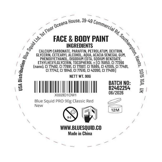 Blue Squid PRO Face Paint - Professional Water Based Single Cake Facepaint & Body Paints - SFX Makeup, Kids Adults Face Painting for Costume, Halloween, Cosplay - Classic Red 90g / 3oz