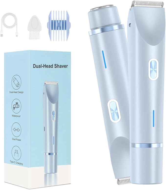 Dermave Bikini Shaver,Bikini Trimmer for Women,2 in 1 Electric Razors for Women,Dual Head Shaver for Leg Arm Body Grooming Tool,Silky and Painless and Efficient Cleaning Blue