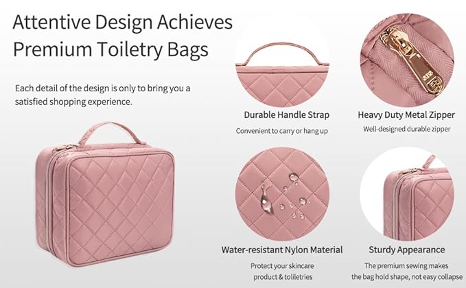 CUBETASTIC Travel Toiletry Bag, Makeup Bag for Women, Small Hanging Travel Bag for Toiletries with 3 Compartment, Portable Cosmetic Organizer Case, Water-resistant, Pink