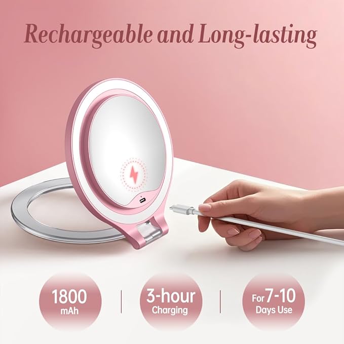 Luxspire Magnifying Mirror with Light, 10X / 1X Double Sided Makeup Mirror, Portable Travel Makeup Mirror with 3 Color Lights and Magnification, Foldable Handheld Lighted Mirror, Pink