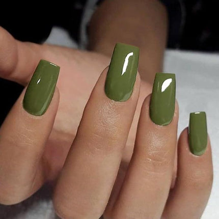 Olive Green Press on Nails Long Square, KXAMELIE Medium Coffin Nails Press ons Long Glue on Nails Natural Thick Fake Long Nails Acrylic Nails Reusable 24 Fake Nails Solid Color False Nails for Women